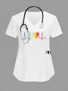 TaskEZ Heart Printed V-Neck Short Sleeve Pocket Nursing Uniform Scrub Top - White - View 1