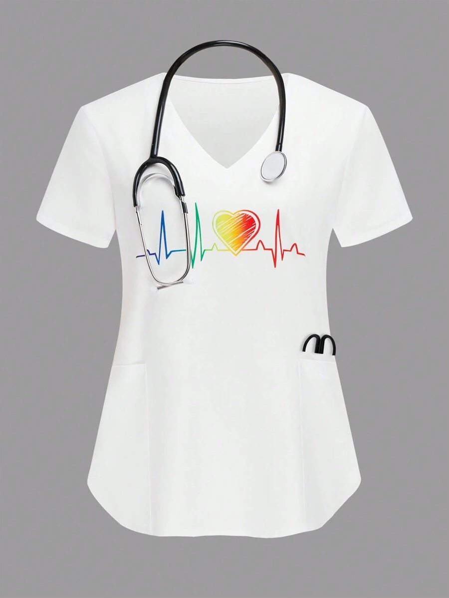 TaskEZ Heart Printed V-Neck Short Sleeve Pocket Nursing Uniform Scrub Top - White - View 1