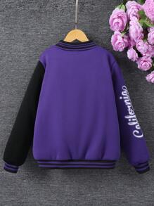 Sparklyn 少女字母与卡通熊图案长袖休闲棒球夹克，秋季 - 紫色 - 查看 2
