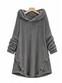 SHEIN LUNE Plus Size Asymmetrical Hem Button Casual Hooded Top & Pants 2 Pieces Set, Winter Fall