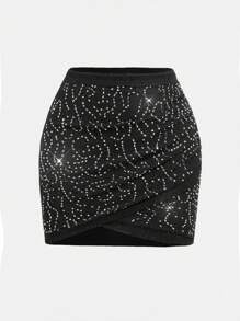 SHEIN Teenager Mädchen's schwarzer gestrickter Netz/Party/Elegant/mit Strass Verzierungen Rock - Schwarz - Übersicht 1