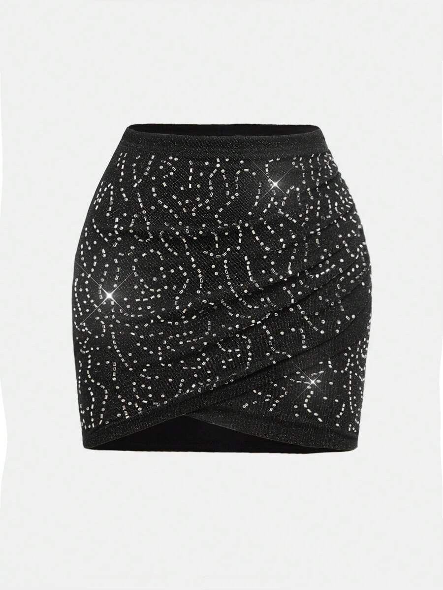 SHEIN Teenager Mädchen's schwarzer gestrickter Netz/Party/Elegant/mit Strass Verzierungen Rock - Schwarz - Übersicht 1