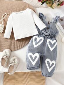 SHEIN Vintaside Kids Baby Girl Round Neck Solid Color Casual Long Sleeve Top And Heart Pattern Bowknot & Ruffle Trim Overalls Set - Blue - View 3