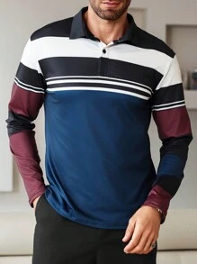 Manfinity Homme 秋季男士休闲撞色条纹 Polo 衫 - 彩色 - 查看 2