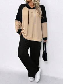 Bộ 2 món cỡ lớn, áo hoodie và quần thường ngày, trang phục thời trang phối màu cho nữ - Nhiều màu - Xem 3