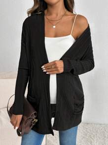 SHEIN Dual Pocket Open Front Ribbed Knit Maternity Long Sleeve Jacket - Black - View 1
