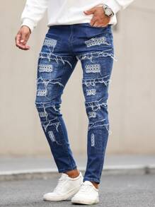 Manfinity LEGND Jeans ajustados de mezclilla para hombre con bolsillo y rotos, vaqueros largos ajustados de color azul oscuro liso deshilachado, regalo para esposo o novio