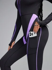 Innovista Damski sportowy kombinezon z długim rękawem i kolorowym blokiem kolorów, oddychający siateczkowy kombinezon z wycięciami i wysoką elastycznością Dry Fit, modelujący pośladki, modelujący sylwetkę, zapinany na zamek błyskawiczny, wielofunkcyjny strój do ćwiczeń, kombinezon fitness i ogrodniczki