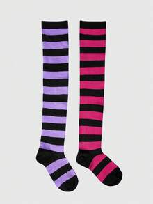 ROMWE Anime 1 Cặp tất cao đến đầu gối chắp vá phong cách Gothic màu đen-tím và đen-hồng đỏ cho nữ, mọi mùa - Nhiều màu - Xem 3