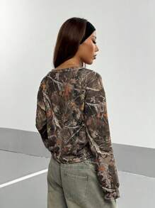 StreetHx Vintage Camouflage Maple Leaf Print Casual V-Neck Loose Long Sleeve Pullover Sweatshirt For Women, Autumn/Winter (Random Cut) For Spring Outfit