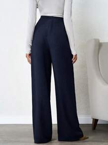 SHEIN Tall 100%Cotton Tall Women's Linen Beige Wide Leg Pants - Navy Blue - View 2