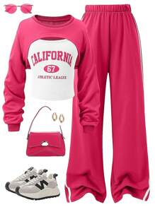Tween Girls Casual Sweatshirt & Printed Camisole With Wide-Leg Sweatpants Set - Hot Pink - View 1