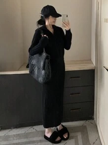 DAZY Women 2pcs Set Solid Color Long Sleeve Top And Skirt Casual Knitted Sweater, Autumn/Winter