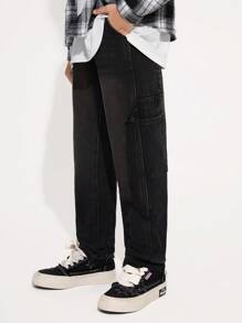 Tween Boy Black Patchwork Casual Simple Straight Washed Denim Pants - Black - View 5