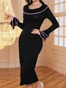 Modelyn 女士优雅荷叶边领喇叭袖拼布针织毛衣连衣裙，黑色，秋冬 - 黑色 - 查看 1