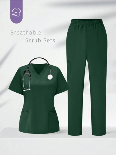 TaskEZ Solid Color V-Neck Short Sleeve Simple Top And Pants Uniform Scrub Set