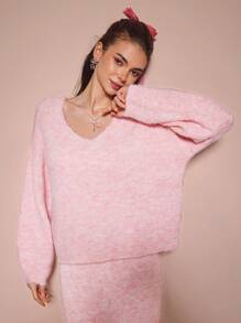 Enchnt Suéter casual de mujer con cuello en V de manga larga, color rosa