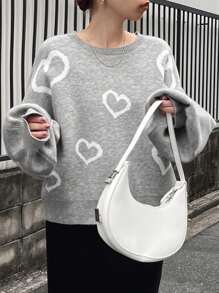 FRIFUL 1pc Women Heart Embroidery Contrast Color Loose Fit Sweater Fall,Winter