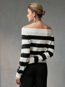 MOTF WOOL TWO TONE STRIPED PATTERN OFF SHOULDER CONTRAST SEQUIN SWEATER - Black and White - View 5