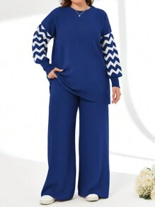 EURMUSE Plus Size Striped Color Block Sweater And Pants Two-Piece Set, For Winter - Navy Blue - View 1