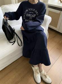 DAZY Women Casual Letter Print Ruffle Hem Mini Dress, Suitable For Autumn,Back To School Clothes,Fall Women Clothes Long Sleeve Dress