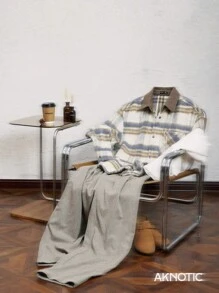 AKNOTIC Business Casual 圣诞节男士梭织撞色格子宽松休闲翻领落肩长袖纽扣前开衫，适合秋季、日常、新年、圣诞节，带有拼布领子和口袋，适合秋冬 - 藍色 - 查看 1