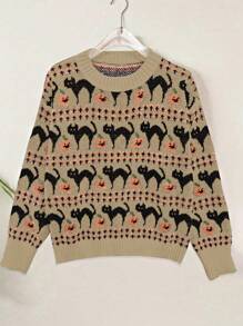 Chiquease Áo len dệt kim cổ tròn dài tay thanh lịch cổ điển mới - Màu Khaki - Xem 3