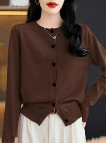 EMERY ROSE Women Simple Casual Elegant Solid Color Front Button Cardigan, Autumn/Winter Fall Cloth For Women - Coffee Brown - View 5