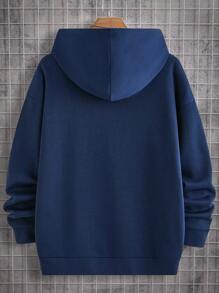 Manfinity RebelGame 男式前拉链长袖印花口袋休闲连帽衫 - 藏蓝色 - 查看 2