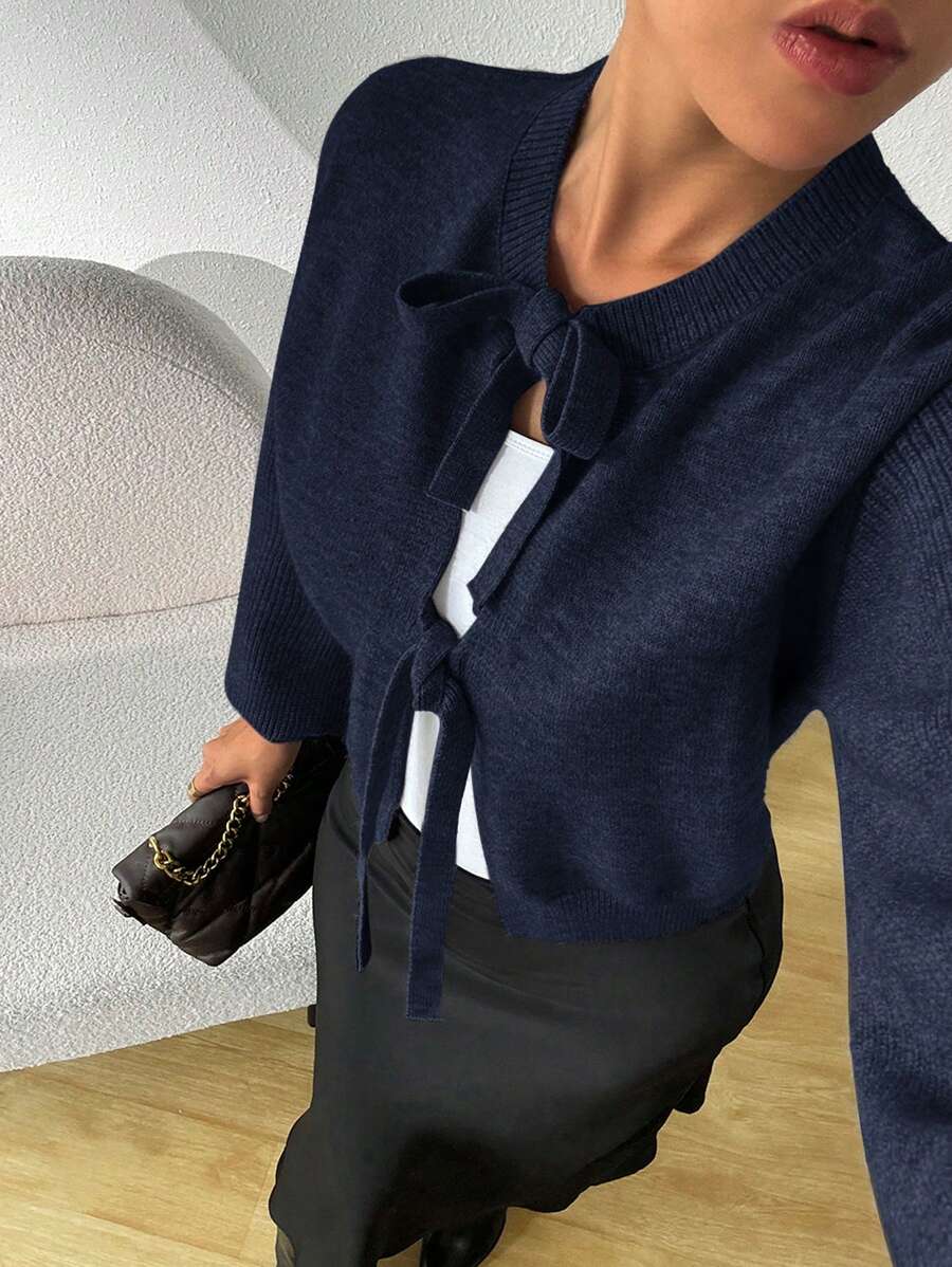 SHEIN Essnce 女士秋冬毛衣 休闲前系带女士开衫 开衫 秋季毛衣 - 藏蓝色 - 查看 1