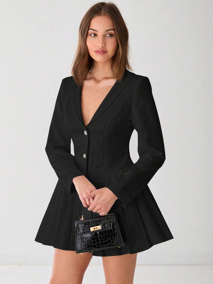 Vestido Casual Curto de Manga Longa com Botões na Frente, Cor Sólida, para Mulheres