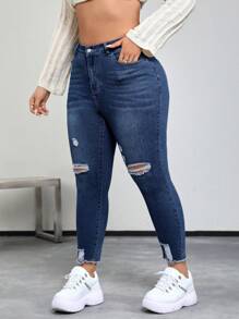 SHEIN EZwear 大码时尚百搭洗水破洞紧身牛仔裤 - 藍色 - 查看 1