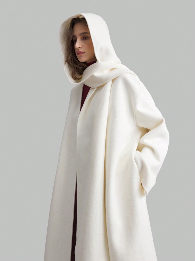 Ontre 女士象牙色长外套，休闲连帽围巾款式宽松冬季夹克，圣诞节和新年的理想之选 - 白色 - 查看 1