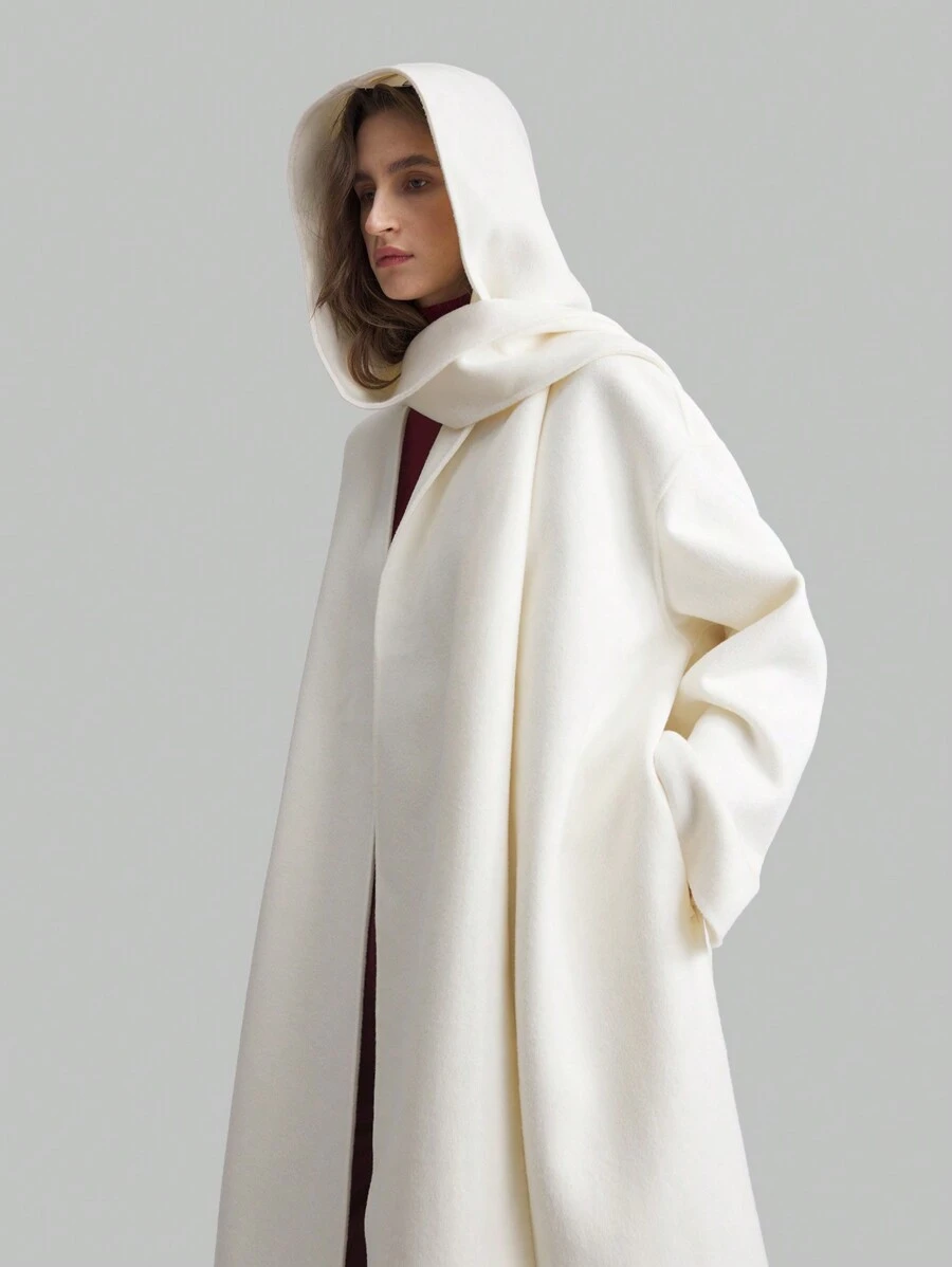 Ontre Manteau long ivoire pour femmes, veste d'hiver ample au style de foulard à capuche décontracté, idéal pour Noël et le Nouvel An - Blanc - Voir 1