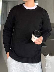 Manfinity CasualKnits Men's Solid Color Crew Neck Long Sleeve Casual Sweater - Black - View 6