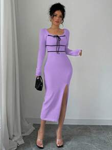 Chiquease Đầm dệt kim hở vai cổ vuông mới thanh lịch gợi cảm dây rút cho nữ - Màu tím - Xem 6