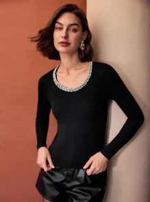 MOTF 仿珍珠饰边修身罗纹针织毛衣