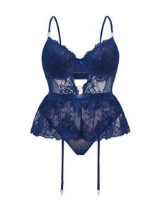 Plus Floral Lace Cut Out Garter Teddy Lingerie - Navy Blue - View 7