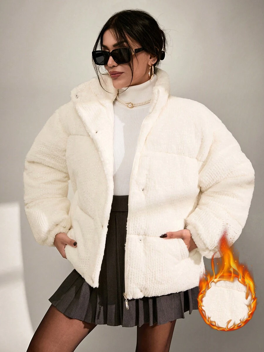 EURMUSE 高品质闪亮柔软人造毛皮双侧口袋温暖优雅冬季大衣