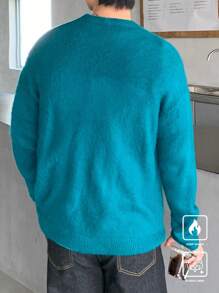 Manfinity CasualKnits Men Plain Casual Everyday Wear Round Neck Loose Drop Shoulder Graphic Pullover Long Sleeve Sweater For Autumn/Winter, Vacation, Boyfriend Gift - Blue - View 2