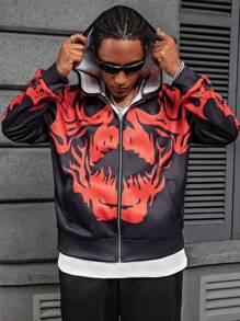 Manfinity Dauomo Men's Allover Print Hooded Zip-Up Long Sleeve Sweatshirt