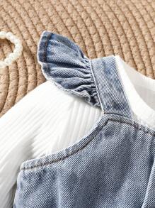 SHEIN Vintaside Kids Baby Girl Round Neck Solid Color Casual Long Sleeve Top And Heart Pattern Bowknot & Ruffle Trim Overalls Set - Blue - View 6