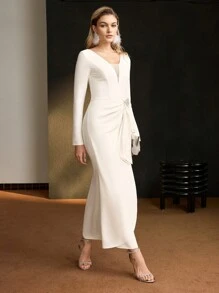 MOTF PREMIUM SOLID V-NECK RHINESTONE FLORAL WRAP RUCHED WAIST MERMAID HEM COCKTAIL DRESS - White - View 8