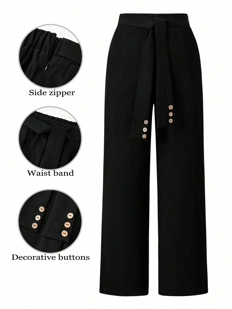 SHEIN Clasi Plus Size Women's Knotted Waist Straight Leg Loose Casual Suit Pants For Commuting - Black - View 1