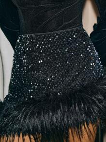 Poéselle 黑色天鹅绒闪光亮片拼布羊毛条纹下摆不对称下摆迷你裙、派对迷你裙、闪光迷你裙、闪亮优雅外出迷你裙、圣诞裙 - 黑色 - 查看 3