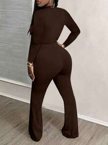 Women's Sexy Casual Short Cropped Fitted Top And Flare Pants Set, Autumn