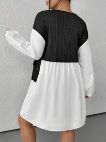SHEIN EZwear 大码拼色圆领长袖百褶下摆休闲短款连衣裙 - 黑與白 - 查看 2