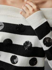 MOTF WOOL TWO TONE STRIPED PATTERN OFF SHOULDER CONTRAST SEQUIN SWEATER - Black and White - View 3
