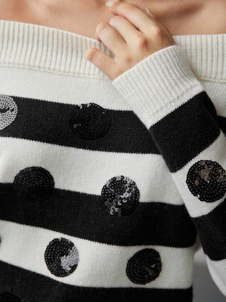 WOOL TWO TONE STRIPED PATTERN OFF SHOULDER CONTRAST SEQUIN SWEATER