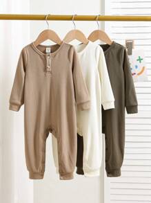 Loomiva 3 件套新生儿男童女童休闲可爱有趣运动街头时尚百搭设计柔软舒适罗纹针织连体裤适合秋冬室内外穿着 - 彩色 - 查看 3